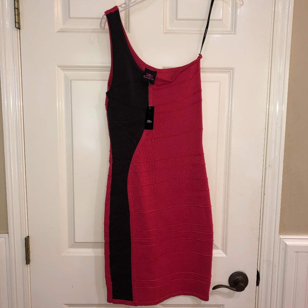 NEW 2b BeBe Bodycon 1 Shoulder Dress Black Coral S